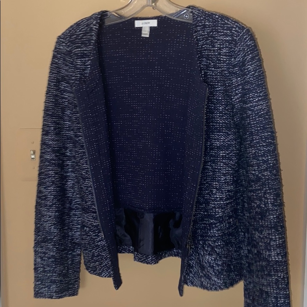 J Crew Boucle Tweed Blazer Zip Up Blue/White